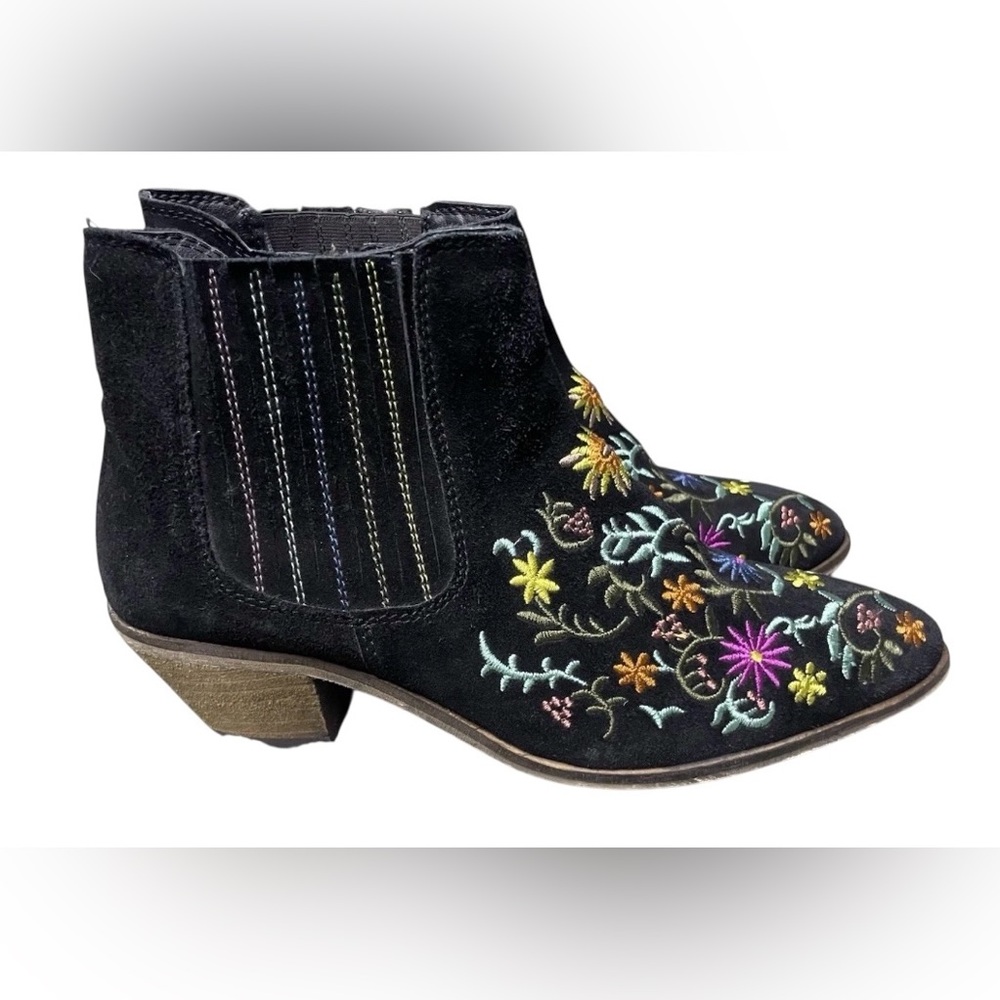 Diba Embroidered Floral Ankle Booties Black Suede Boho Western Size 7.5 - Picture 2 of 7